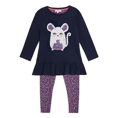 bluezoo Girls' navy sequin mouse top and colourful ditsy print leggings set